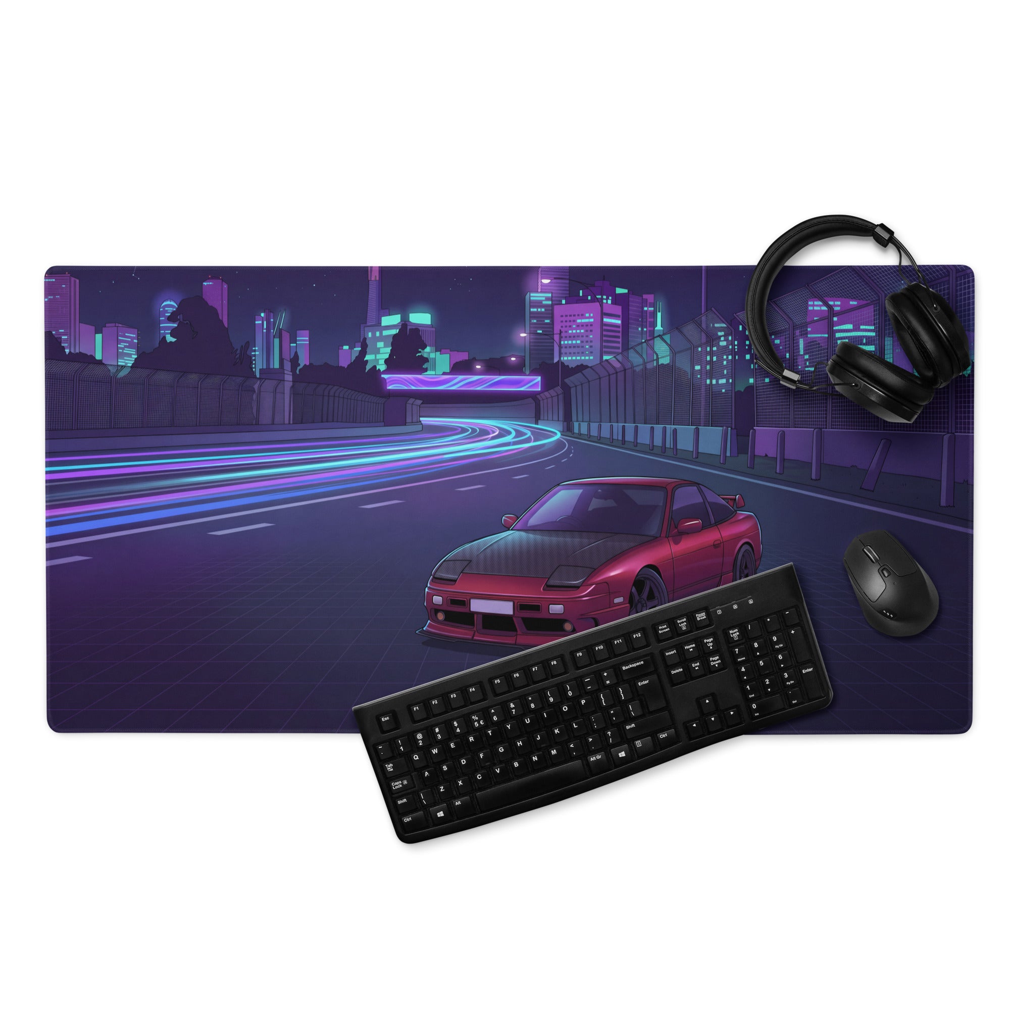 Nissan 180SX S13 Inspired Red Purple Vaporwave Gaming Mouse Pad, Neon Cyberpunk JDM Desk Mat with Night Highway Drift Car Art