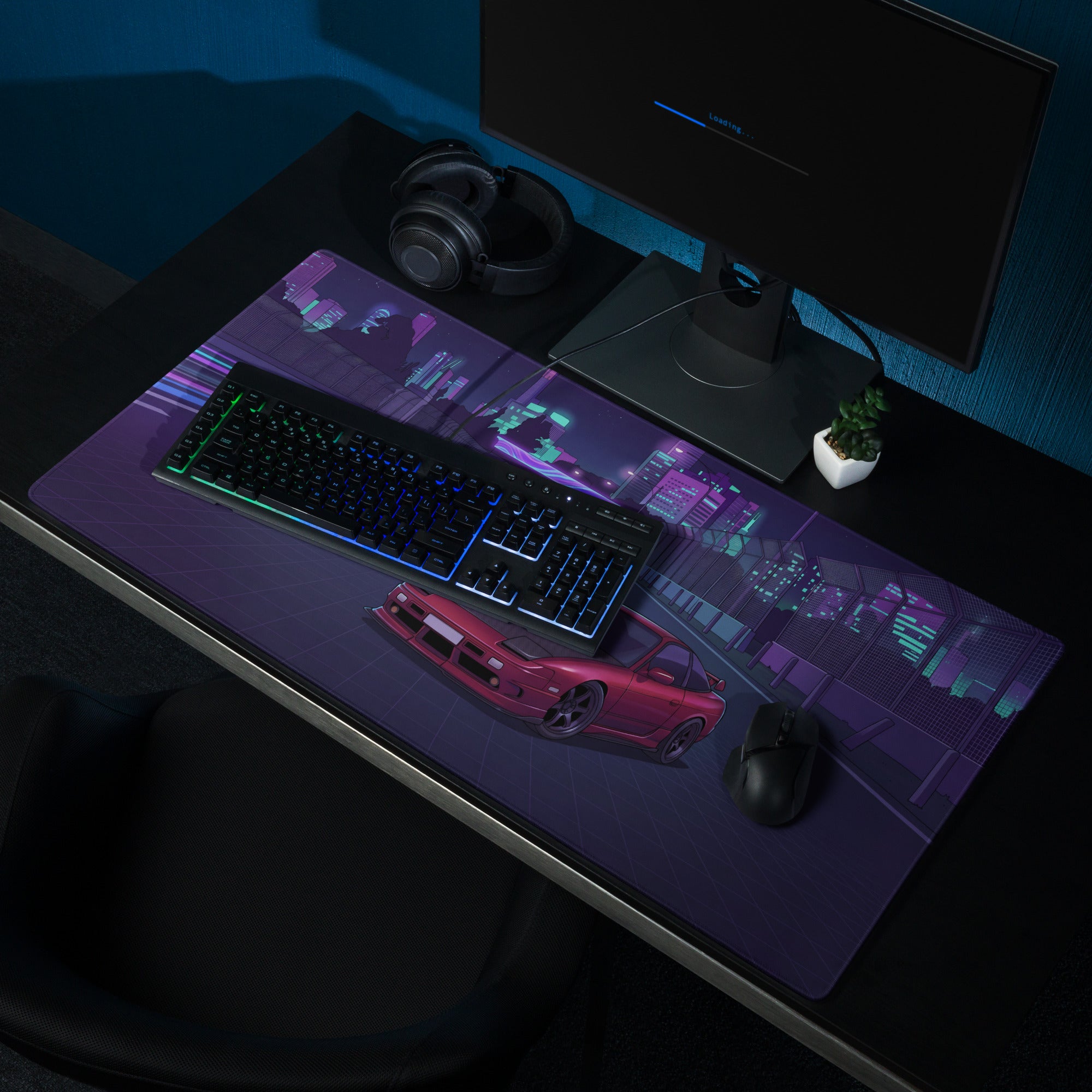 Nissan 180SX S13 Inspired Red Purple Vaporwave Gaming Mouse Pad, Neon Cyberpunk JDM Desk Mat with Night Highway Drift Car Art
