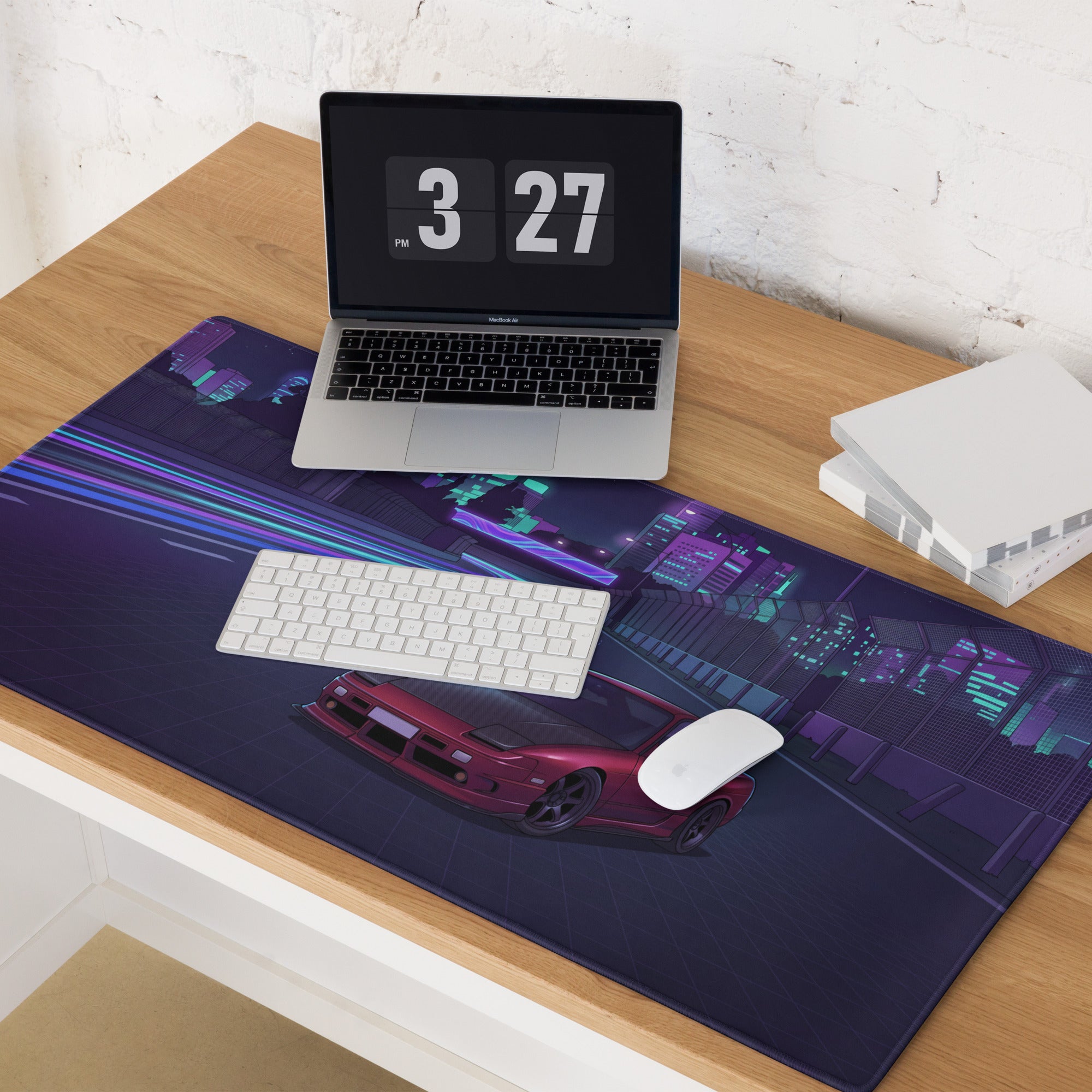 Nissan 180SX S13 Inspired Red Purple Vaporwave Gaming Mouse Pad, Neon Cyberpunk JDM Desk Mat with Night Highway Drift Car Art