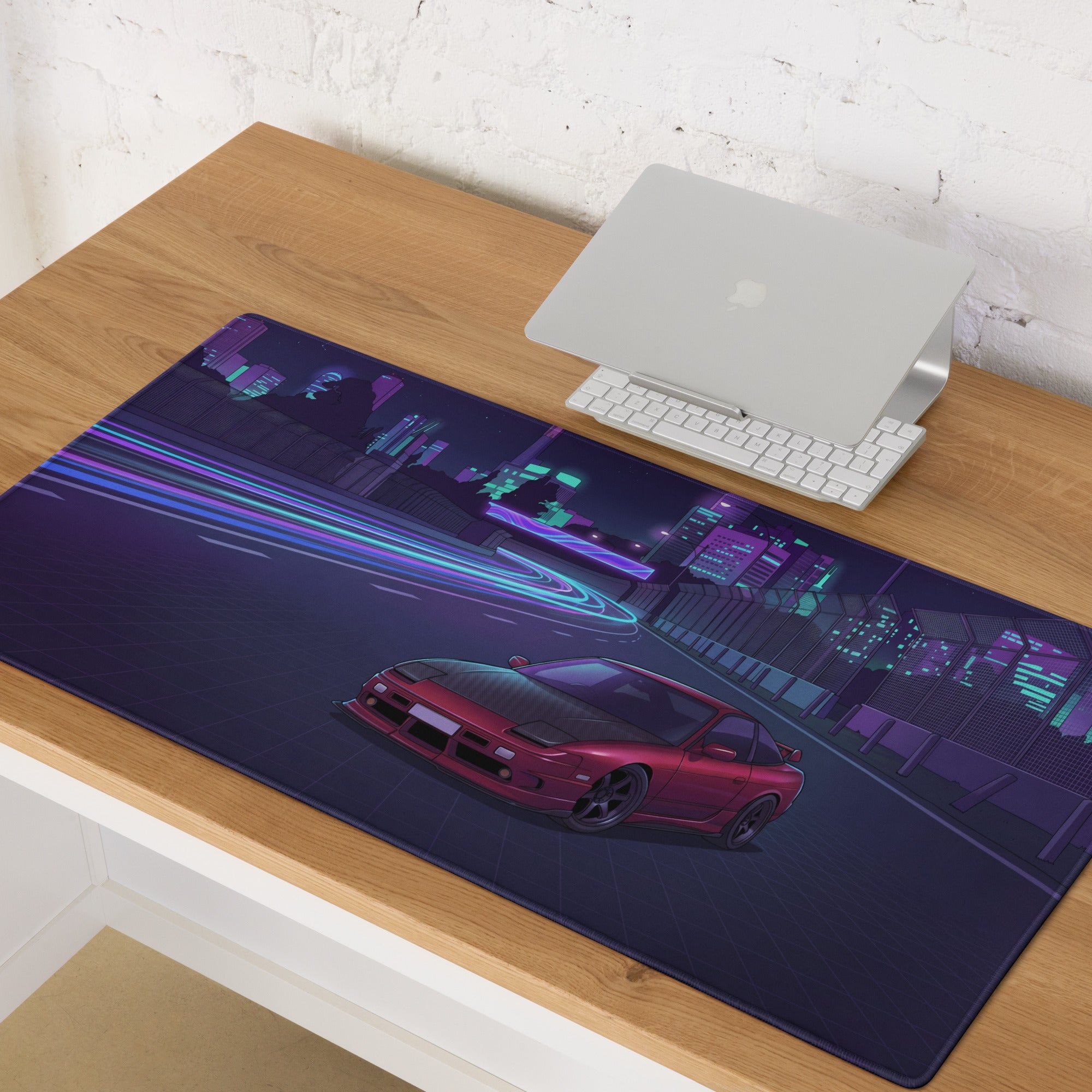 Nissan 180SX S13 Inspired Red Purple Vaporwave Gaming Mouse Pad, Neon Cyberpunk JDM Desk Mat with Night Highway Drift Car Art
