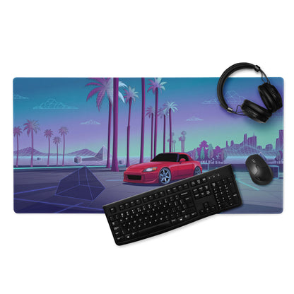 Honda S2000 AP1 Inspired Red Blue Vaporwave Gaming Mouse Pad, Neon Retro Futuristic JDM Desk Mat with Synthwave Palm Tree Sports Car Art