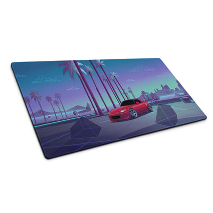 Honda S2000 AP1 Inspired Red Blue Vaporwave Gaming Mouse Pad, Neon Retro Futuristic JDM Desk Mat with Synthwave Palm Tree Sports Car Art