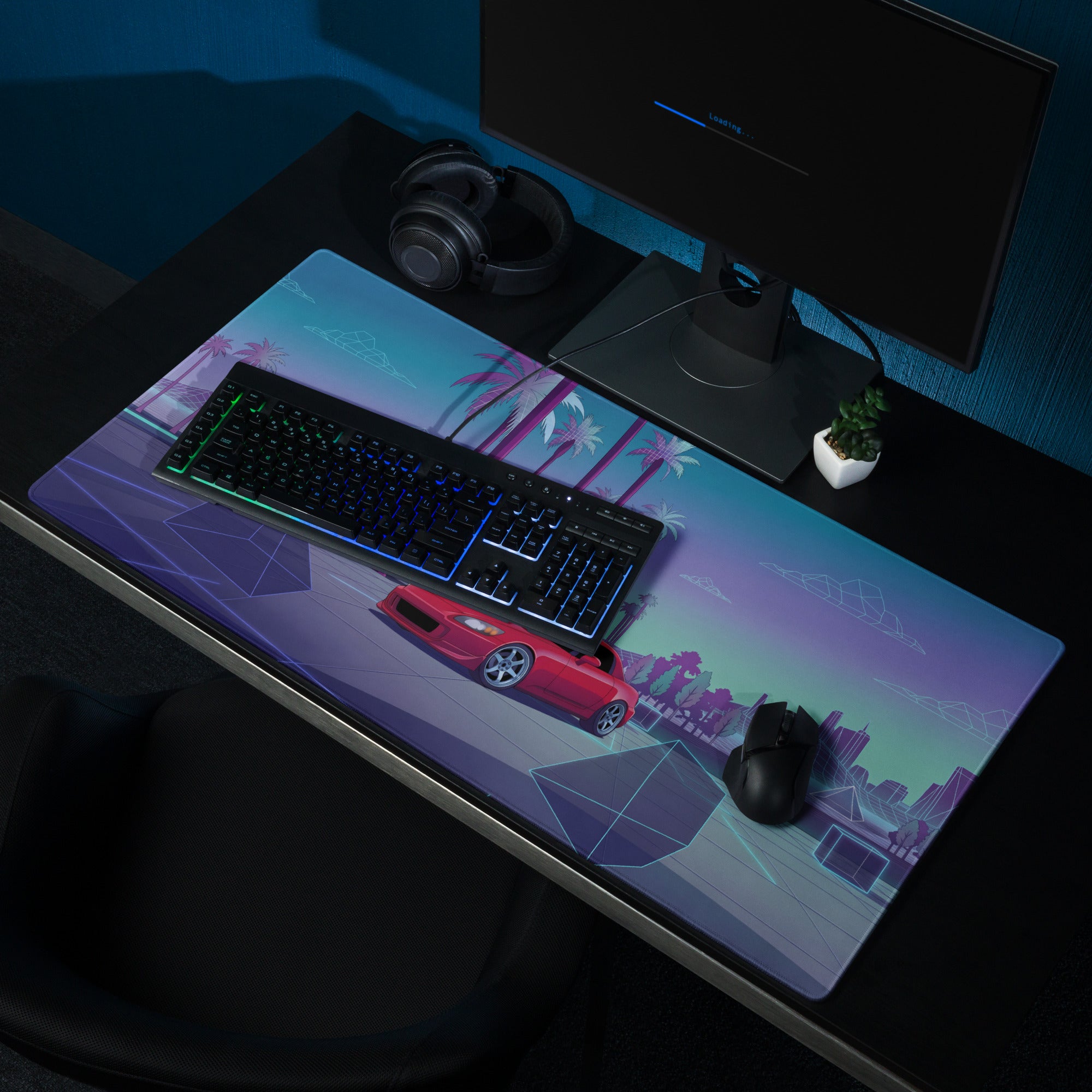 Honda S2000 AP1 Inspired Red Blue Vaporwave Gaming Mouse Pad, Neon Retro Futuristic JDM Desk Mat with Synthwave Palm Tree Sports Car Art