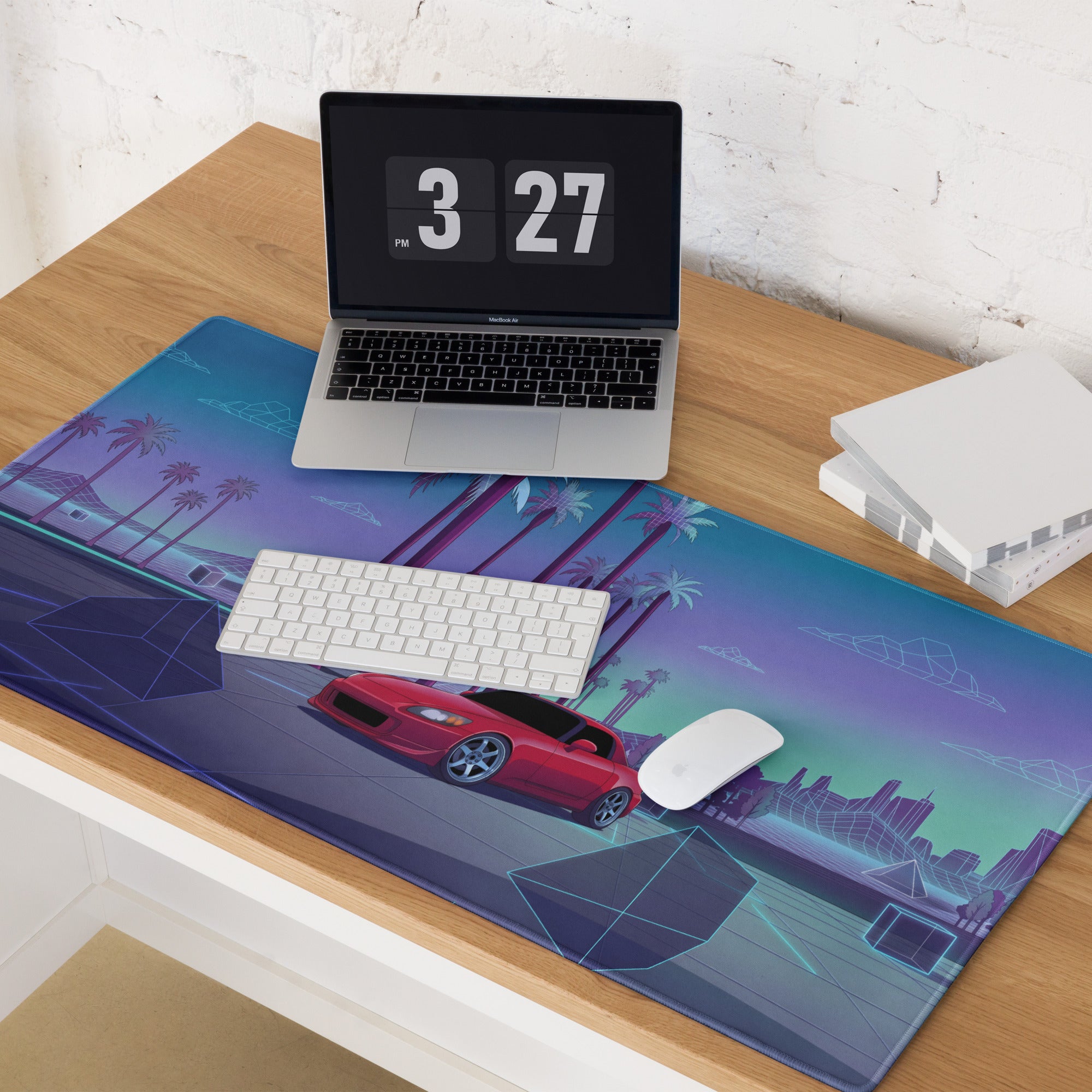 Honda S2000 AP1 Inspired Red Blue Vaporwave Gaming Mouse Pad, Neon Retro Futuristic JDM Desk Mat with Synthwave Palm Tree Sports Car Art