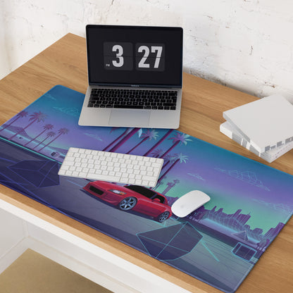 Honda S2000 AP1 Inspired Red Blue Vaporwave Gaming Mouse Pad, Neon Retro Futuristic JDM Desk Mat with Synthwave Palm Tree Sports Car Art