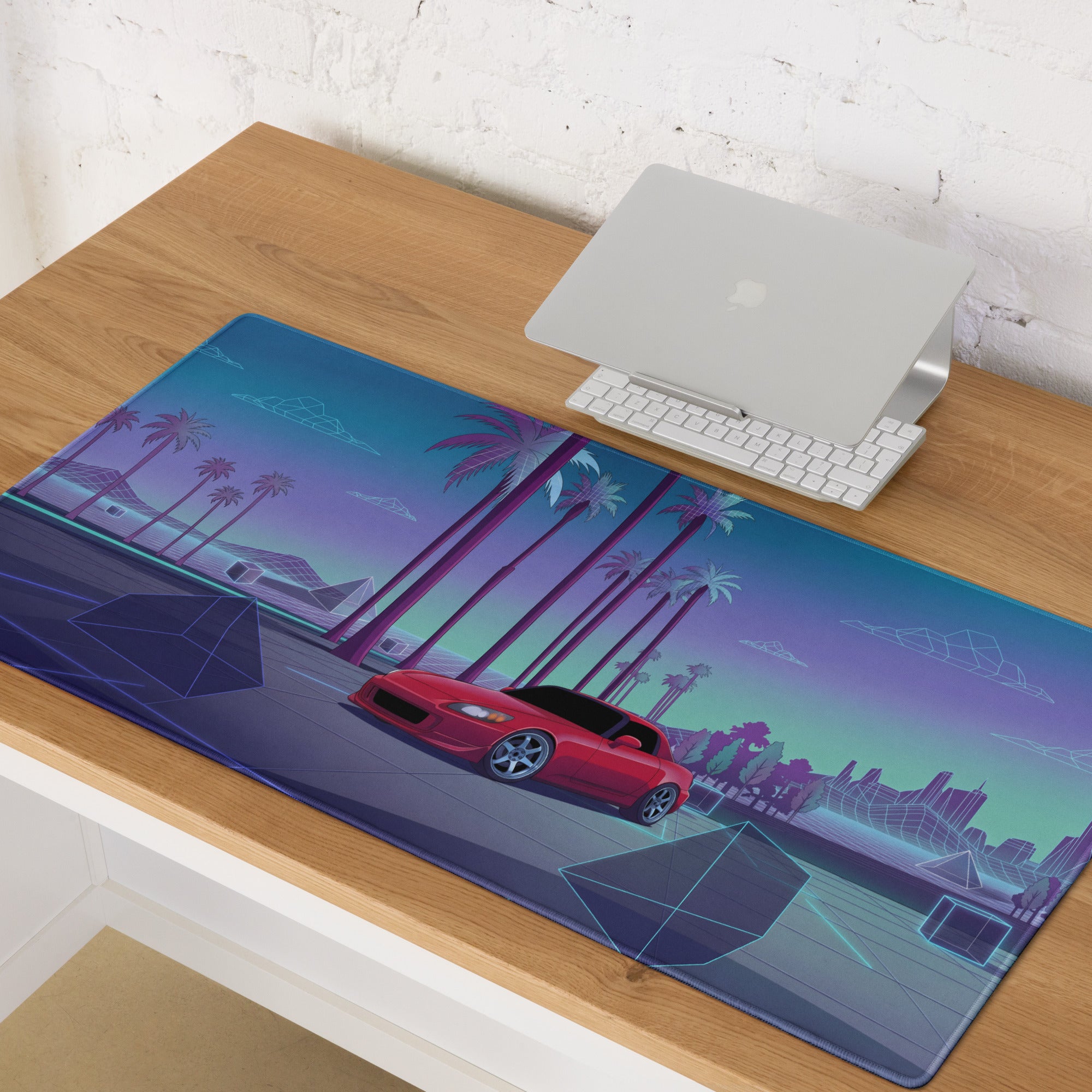 Honda S2000 AP1 Inspired Red Blue Vaporwave Gaming Mouse Pad, Neon Retro Futuristic JDM Desk Mat with Synthwave Palm Tree Sports Car Art