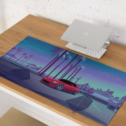 Honda S2000 AP1 Inspired Red Blue Vaporwave Gaming Mouse Pad, Neon Retro Futuristic JDM Desk Mat with Synthwave Palm Tree Sports Car Art