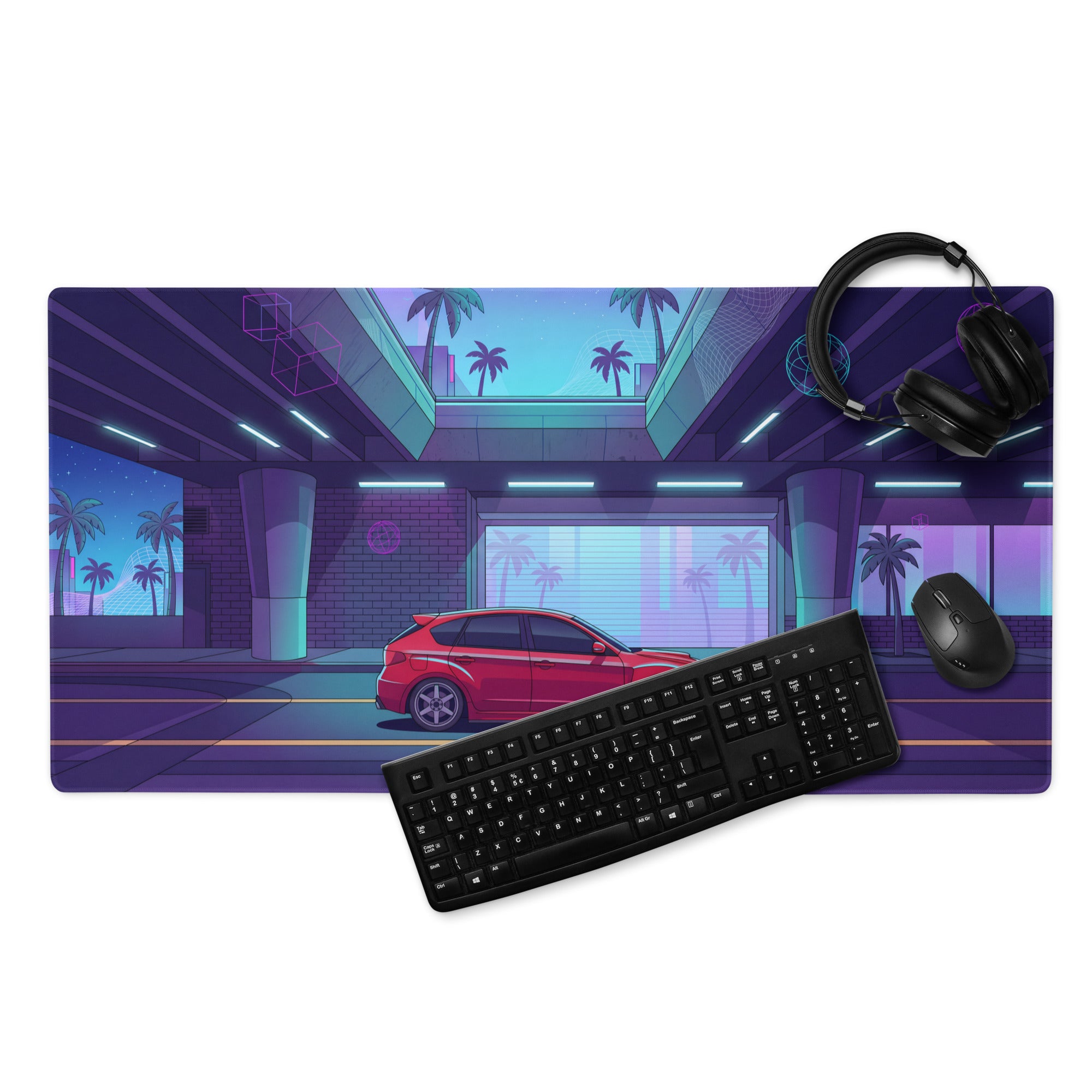 Subaru Impreza WRX STI Inspired Red Purple Vaporwave Gaming Mouse Pad, Neon Retro Futuristic JDM Desk Mat with Synthwave Palm Tree Rally Car Art