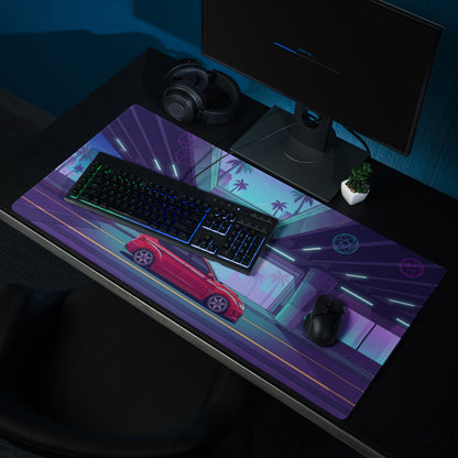 Subaru Impreza WRX STI Inspired Red Purple Vaporwave Gaming Mouse Pad, Neon Retro Futuristic JDM Desk Mat with Synthwave Palm Tree Rally Car Art