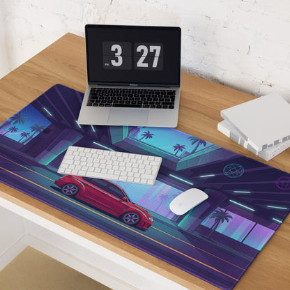 Subaru Impreza WRX STI Inspired Red Purple Vaporwave Gaming Mouse Pad, Neon Retro Futuristic JDM Desk Mat with Synthwave Palm Tree Rally Car Art