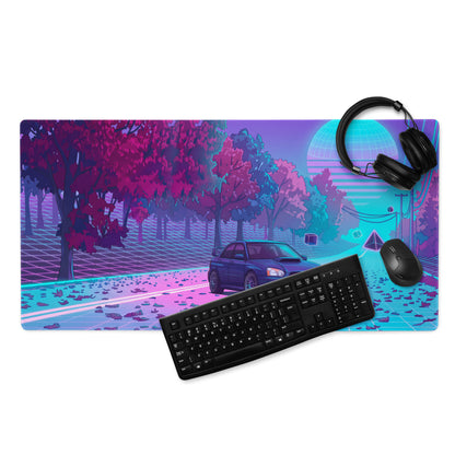 Subaru Impreza WRX STI Inspired Blue Pink Vaporwave Gaming Mouse Pad, Neon Autumn JDM Desk Mat with Retro Futuristic Rally Car Art