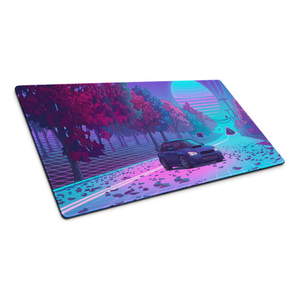 Subaru Impreza WRX STI Inspired Blue Pink Vaporwave Gaming Mouse Pad, Neon Autumn JDM Desk Mat with Retro Futuristic Rally Car Art