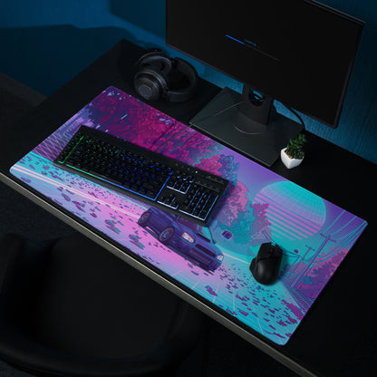 Subaru Impreza WRX STI Inspired Blue Pink Vaporwave Gaming Mouse Pad, Neon Autumn JDM Desk Mat with Retro Futuristic Rally Car Art
