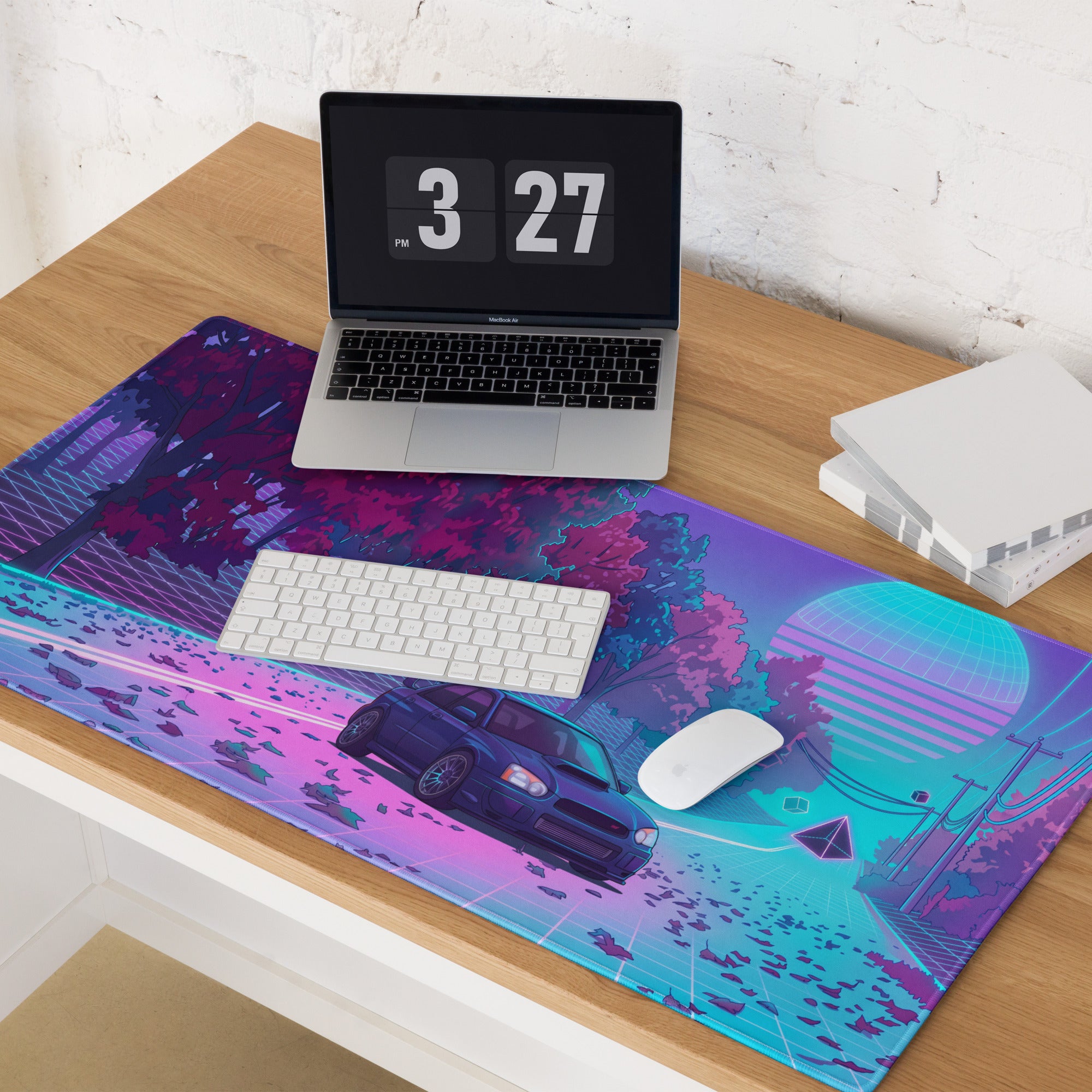 Subaru Impreza WRX STI Inspired Blue Pink Vaporwave Gaming Mouse Pad, Neon Autumn JDM Desk Mat with Retro Futuristic Rally Car Art