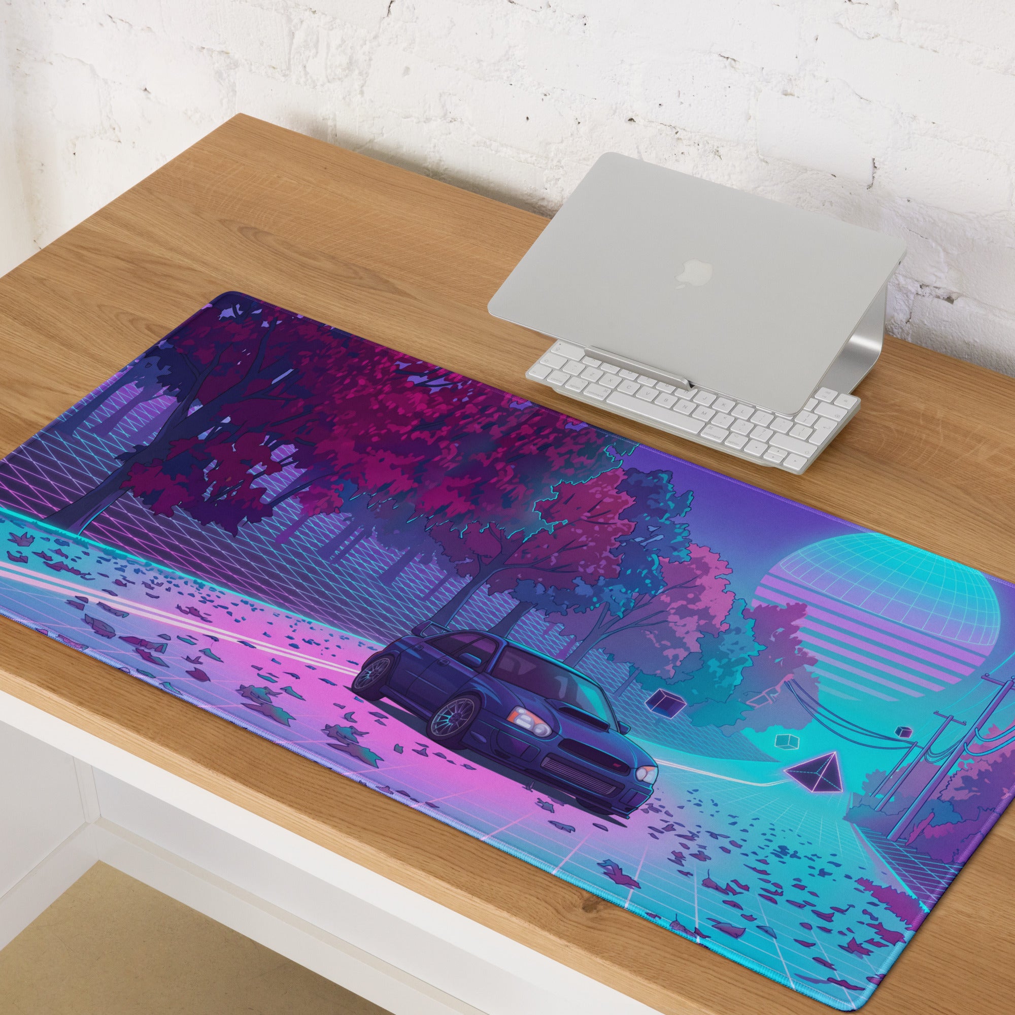 Subaru Impreza WRX STI Inspired Blue Pink Vaporwave Gaming Mouse Pad, Neon Autumn JDM Desk Mat with Retro Futuristic Rally Car Art