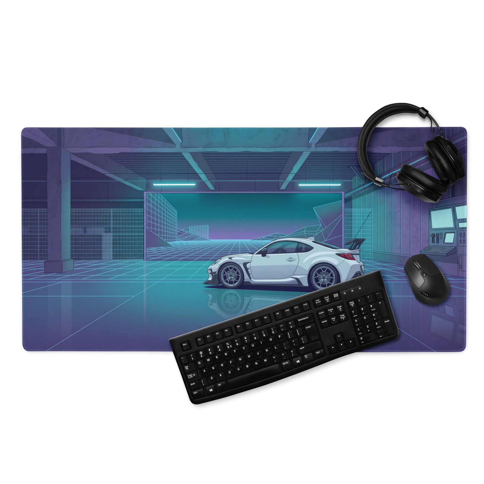 Toyota GR86 Inspired White Blue Vaporwave Gaming Mouse Pad, Neon Futuristic JDM Desk Mat with Cyberpunk Garage Sports Car Art
