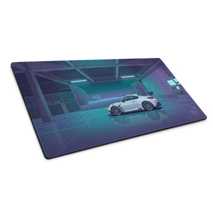 Toyota GR86 Inspired White Blue Vaporwave Gaming Mouse Pad, Neon Futuristic JDM Desk Mat with Cyberpunk Garage Sports Car Art