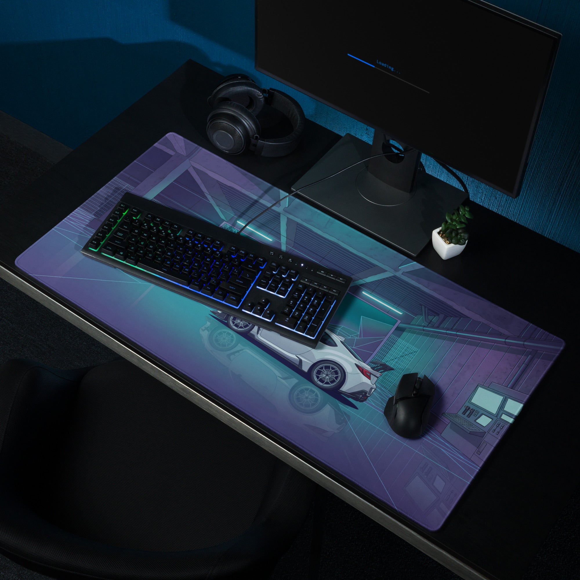 Toyota GR86 Inspired White Blue Vaporwave Gaming Mouse Pad, Neon Futuristic JDM Desk Mat with Cyberpunk Garage Sports Car Art