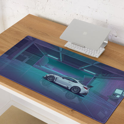 Toyota GR86 Inspired White Blue Vaporwave Gaming Mouse Pad, Neon Futuristic JDM Desk Mat with Cyberpunk Garage Sports Car Art