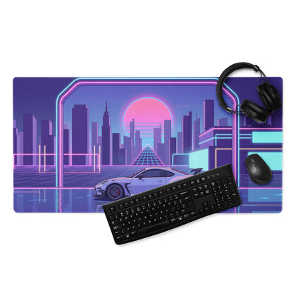 Toyota GR86 Inspired White Purple Vaporwave Gaming Mouse Pad, Neon Retro Futuristic JDM Desk Mat with Cyberpunk City Sports Car Art