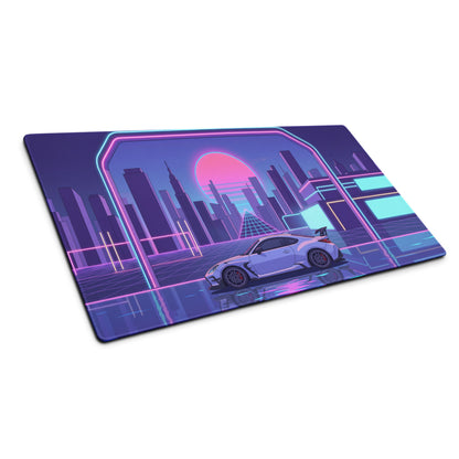 Toyota GR86 Inspired White Purple Vaporwave Gaming Mouse Pad, Neon Retro Futuristic JDM Desk Mat with Cyberpunk City Sports Car Art