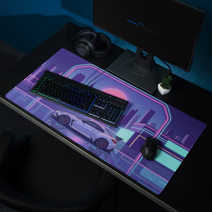 Toyota GR86 Inspired White Purple Vaporwave Gaming Mouse Pad, Neon Retro Futuristic JDM Desk Mat with Cyberpunk City Sports Car Art