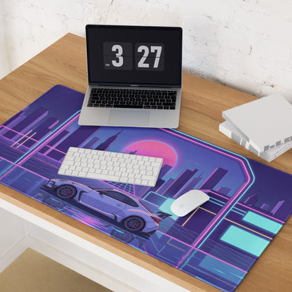 Toyota GR86 Inspired White Purple Vaporwave Gaming Mouse Pad, Neon Retro Futuristic JDM Desk Mat with Cyberpunk City Sports Car Art