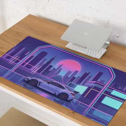 Toyota GR86 Inspired White Purple Vaporwave Gaming Mouse Pad, Neon Retro Futuristic JDM Desk Mat with Cyberpunk City Sports Car Art