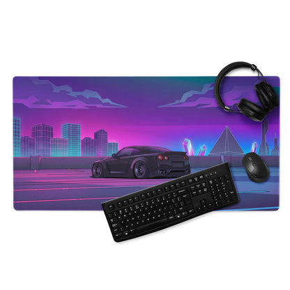 Nissan GT-R R35 Inspired Black Purple Vaporwave Gaming Mouse Pad, Neon Cyberpunk City JDM Desk Mat with Retro Futuristic Sports Car Art