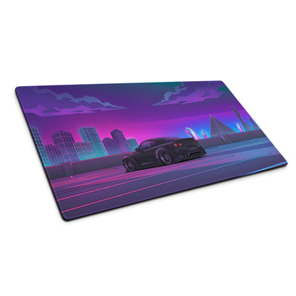 Nissan GT-R R35 Inspired Black Purple Vaporwave Gaming Mouse Pad, Neon Cyberpunk City JDM Desk Mat with Retro Futuristic Sports Car Art
