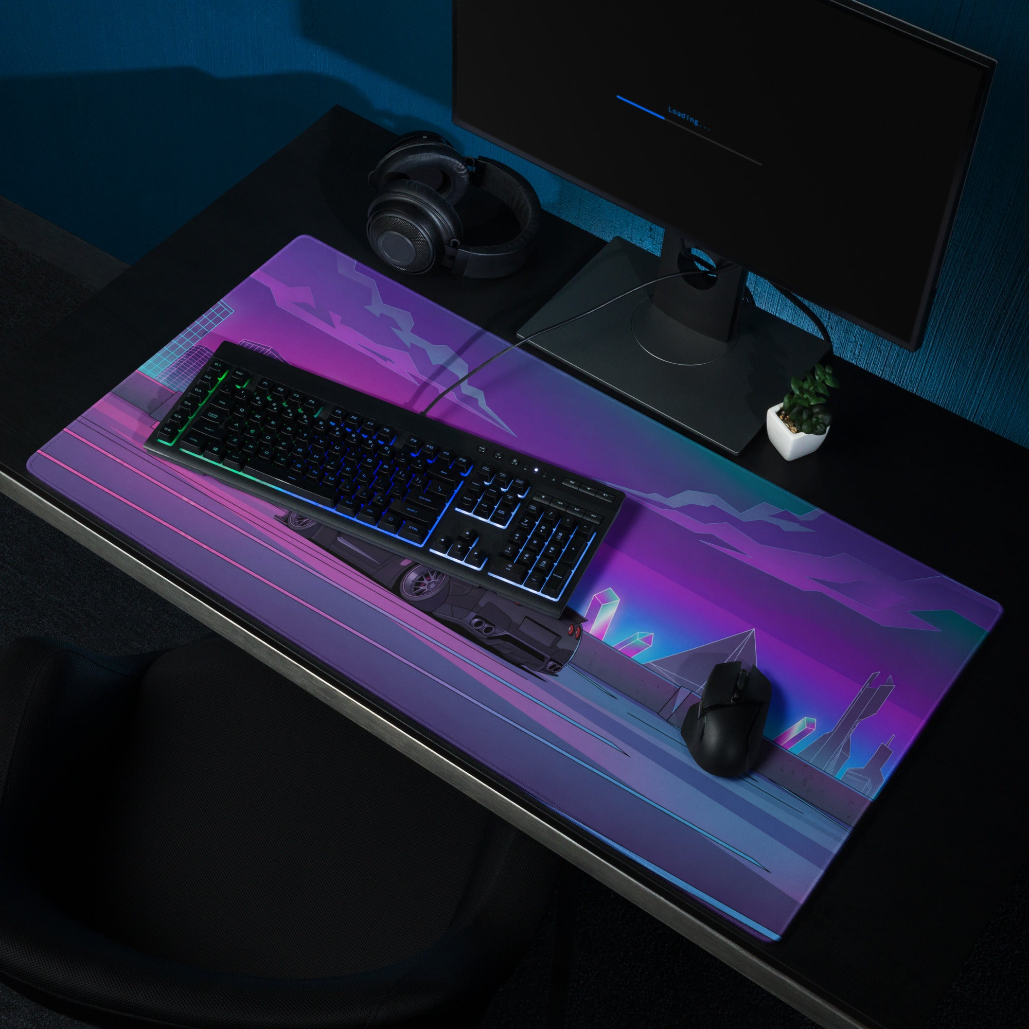 Nissan GT-R R35 Inspired Black Purple Vaporwave Gaming Mouse Pad, Neon Cyberpunk City JDM Desk Mat with Retro Futuristic Sports Car Art