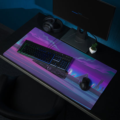 Nissan GT-R R35 Inspired Black Purple Vaporwave Gaming Mouse Pad, Neon Cyberpunk City JDM Desk Mat with Retro Futuristic Sports Car Art