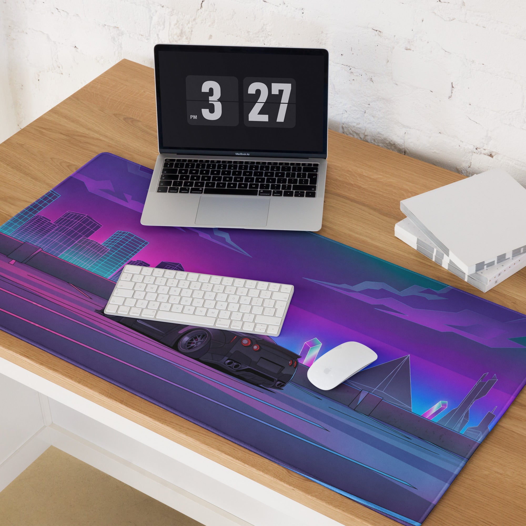 Nissan GT-R R35 Inspired Black Purple Vaporwave Gaming Mouse Pad, Neon Cyberpunk City JDM Desk Mat with Retro Futuristic Sports Car Art