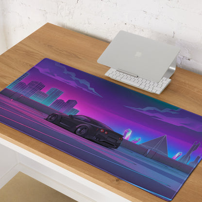 Nissan GT-R R35 Inspired Black Purple Vaporwave Gaming Mouse Pad, Neon Cyberpunk City JDM Desk Mat with Retro Futuristic Sports Car Art