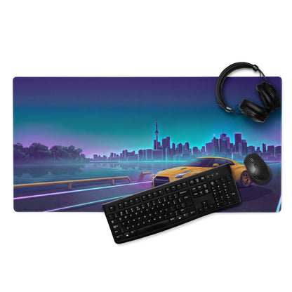 Nissan GT-R R35 Inspired Gold Blue Vaporwave Gaming Mouse Pad, Neon Toronto Skyline JDM Desk Mat with Retro Futuristic Sports Car Art