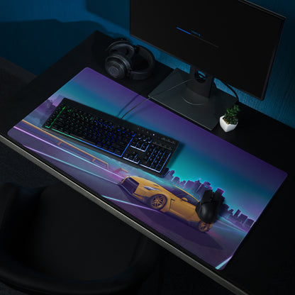 Nissan GT-R R35 Inspired Gold Blue Vaporwave Gaming Mouse Pad, Neon Toronto Skyline JDM Desk Mat with Retro Futuristic Sports Car Art