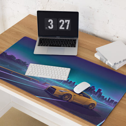 Nissan GT-R R35 Inspired Gold Blue Vaporwave Gaming Mouse Pad, Neon Toronto Skyline JDM Desk Mat with Retro Futuristic Sports Car Art