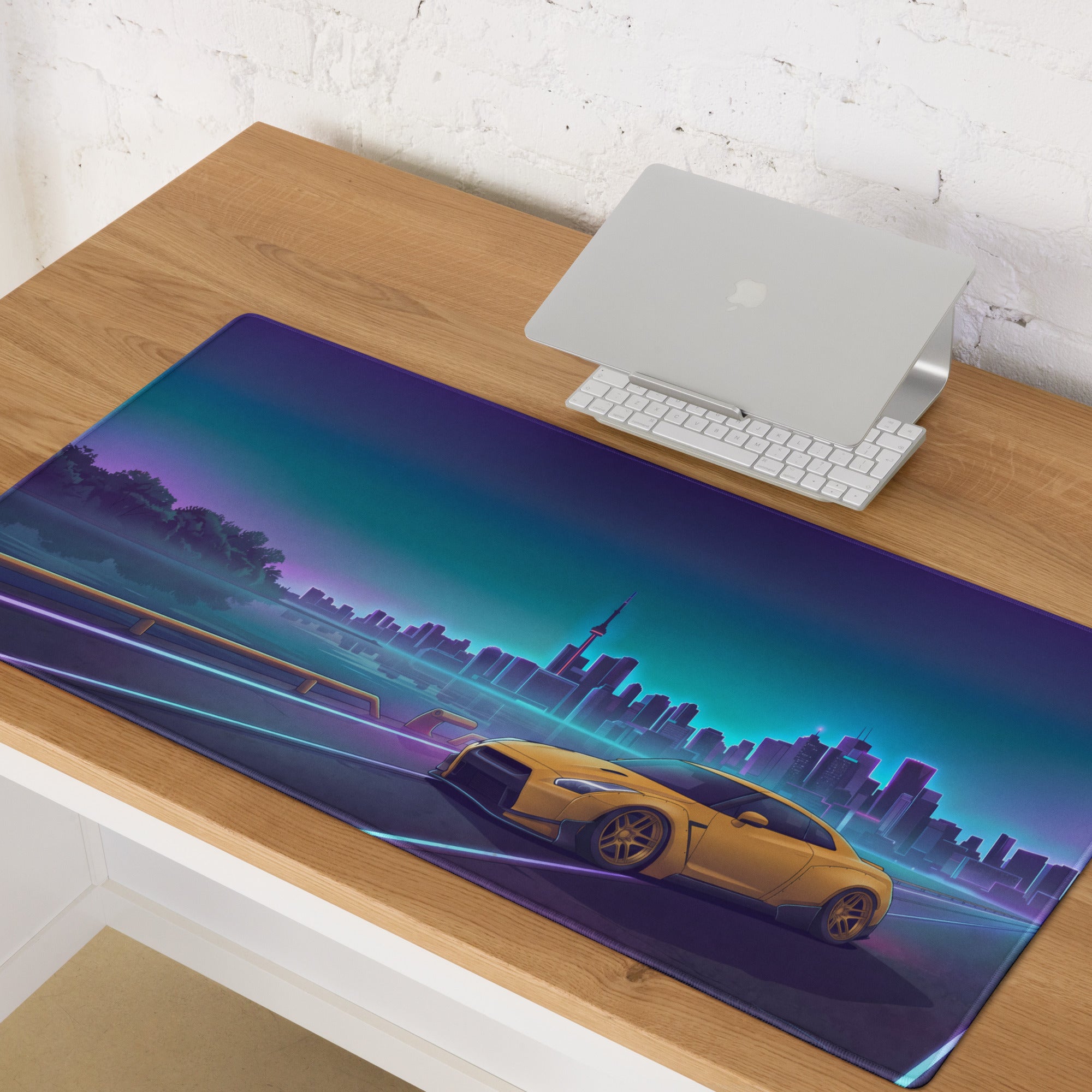 Nissan GT-R R35 Inspired Gold Blue Vaporwave Gaming Mouse Pad, Neon Toronto Skyline JDM Desk Mat with Retro Futuristic Sports Car Art