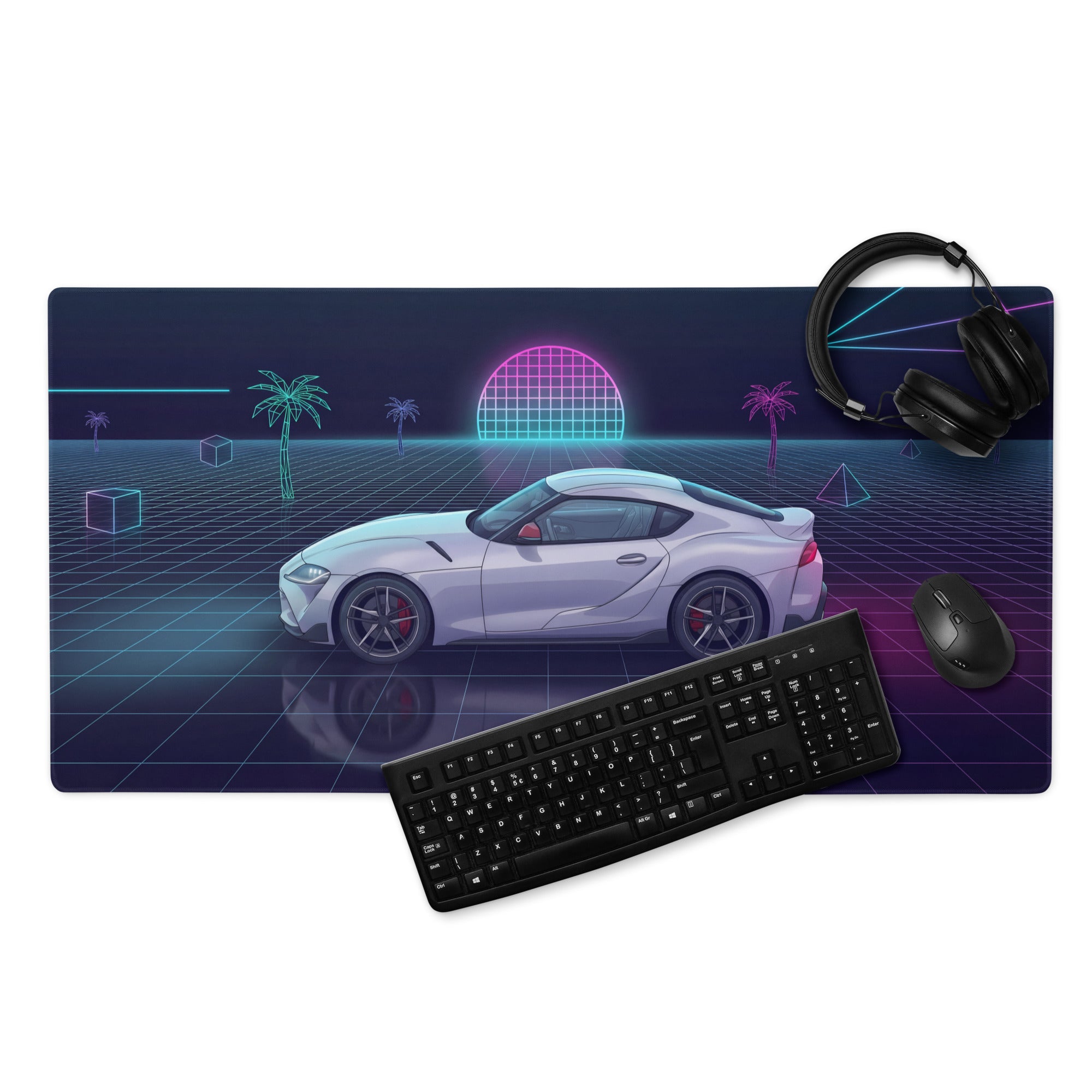 Toyota GR Supra A90 Inspired White Purple Vaporwave Gaming Mouse Pad, Neon Retro Futuristic JDM Desk Mat with Synthwave Grid Sports Car Art