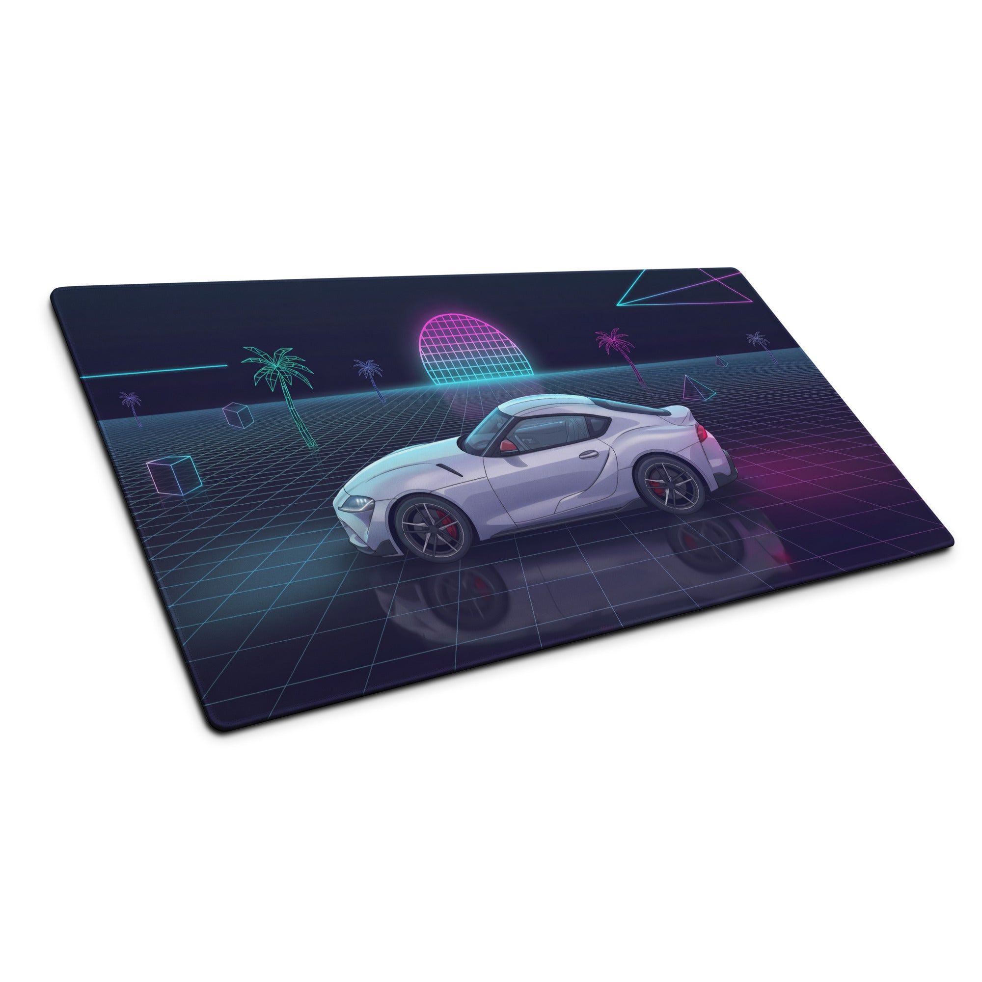 Toyota GR Supra A90 Inspired White Purple Vaporwave Gaming Mouse Pad, Neon Retro Futuristic JDM Desk Mat with Synthwave Grid Sports Car Art