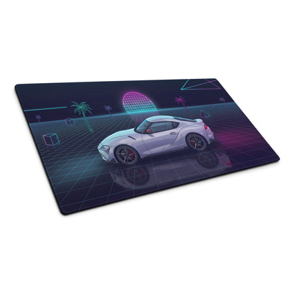 Toyota GR Supra A90 Inspired White Purple Vaporwave Gaming Mouse Pad, Neon Retro Futuristic JDM Desk Mat with Synthwave Grid Sports Car Art