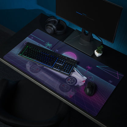 Toyota GR Supra A90 Inspired White Purple Vaporwave Gaming Mouse Pad, Neon Retro Futuristic JDM Desk Mat with Synthwave Grid Sports Car Art