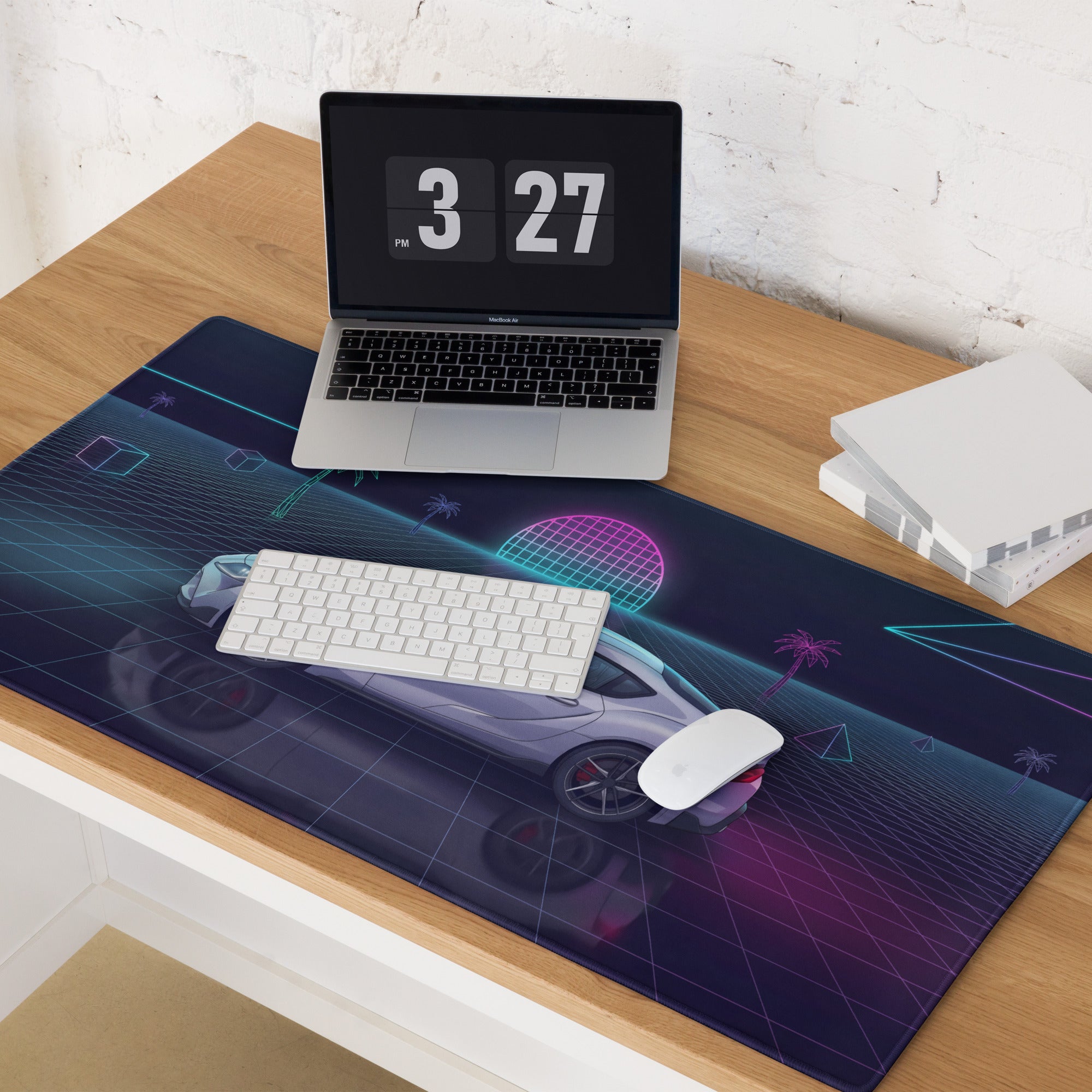 Toyota GR Supra A90 Inspired White Purple Vaporwave Gaming Mouse Pad, Neon Retro Futuristic JDM Desk Mat with Synthwave Grid Sports Car Art