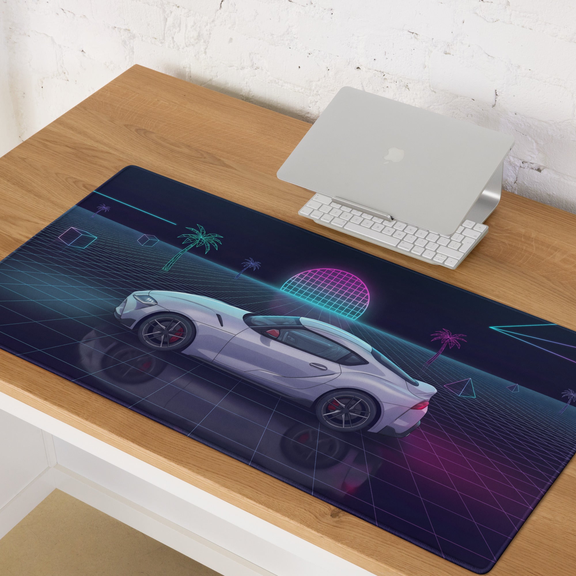 Toyota GR Supra A90 Inspired White Purple Vaporwave Gaming Mouse Pad, Neon Retro Futuristic JDM Desk Mat with Synthwave Grid Sports Car Art