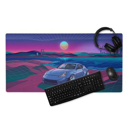 Nissan 370Z Z34 Inspired Blue Purple Vaporwave Gaming Mouse Pad, Neon Retro Futuristic JDM Desk Mat with Synthwave Coastal Sports Car Art