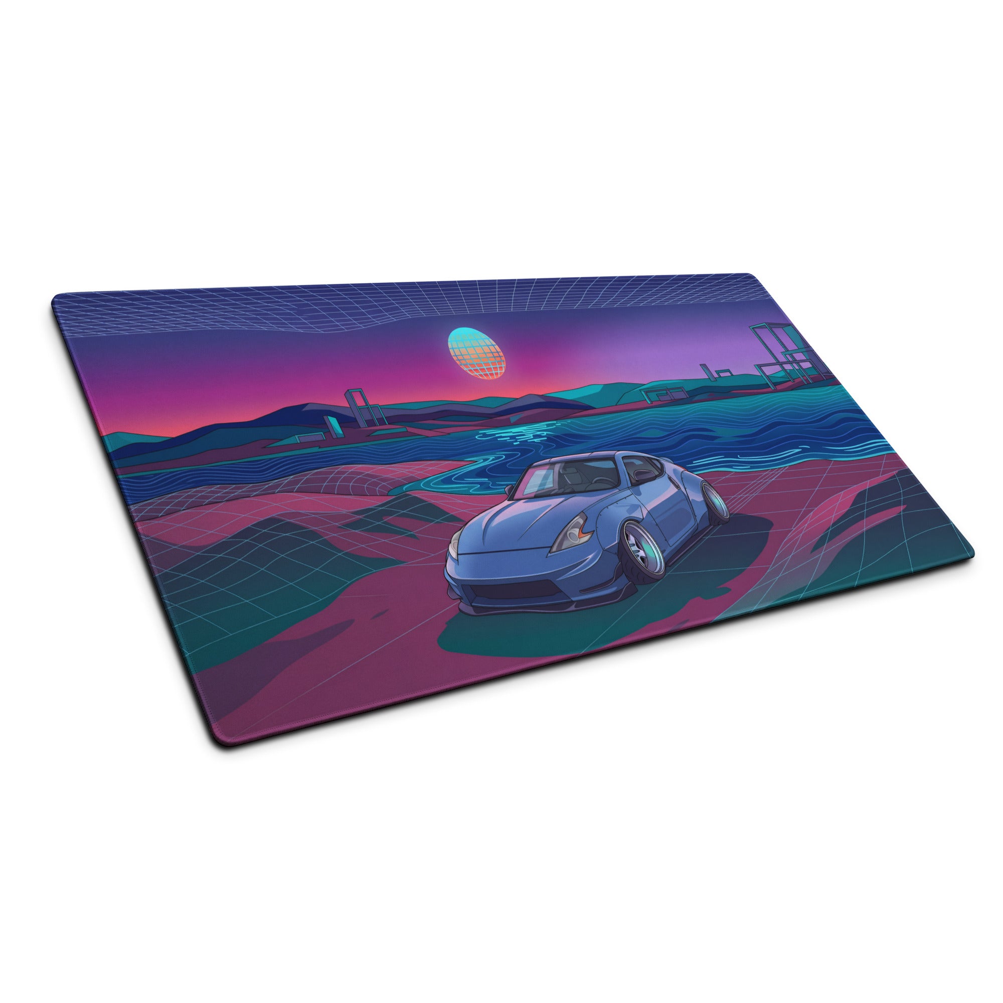 Nissan 370Z Z34 Inspired Blue Purple Vaporwave Gaming Mouse Pad, Neon Retro Futuristic JDM Desk Mat with Synthwave Coastal Sports Car Art