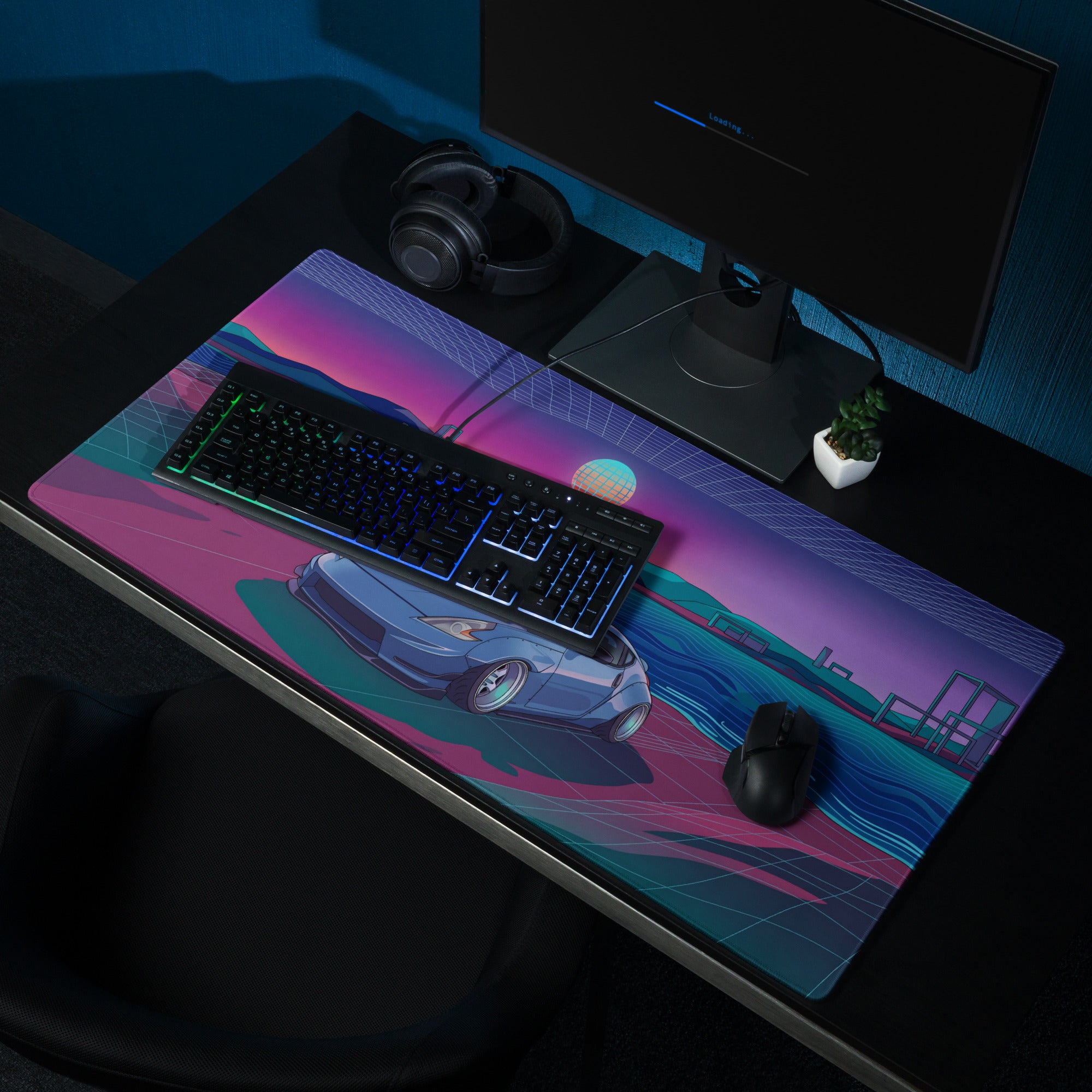 Nissan 370Z Z34 Inspired Blue Purple Vaporwave Gaming Mouse Pad, Neon Retro Futuristic JDM Desk Mat with Synthwave Coastal Sports Car Art