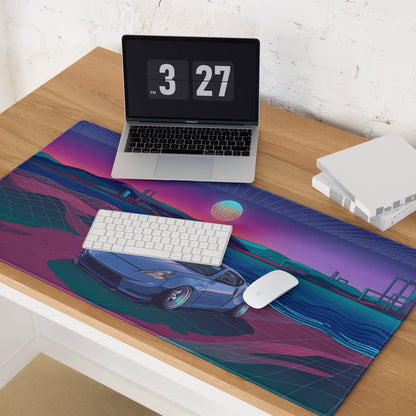 Nissan 370Z Z34 Inspired Blue Purple Vaporwave Gaming Mouse Pad, Neon Retro Futuristic JDM Desk Mat with Synthwave Coastal Sports Car Art
