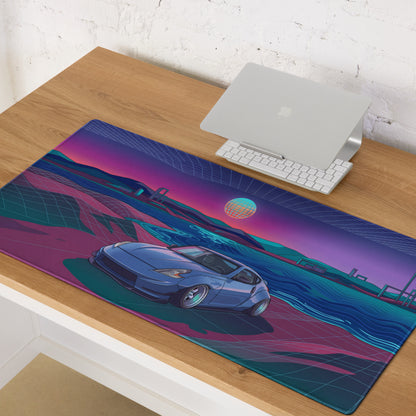 Nissan 370Z Z34 Inspired Blue Purple Vaporwave Gaming Mouse Pad, Neon Retro Futuristic JDM Desk Mat with Synthwave Coastal Sports Car Art