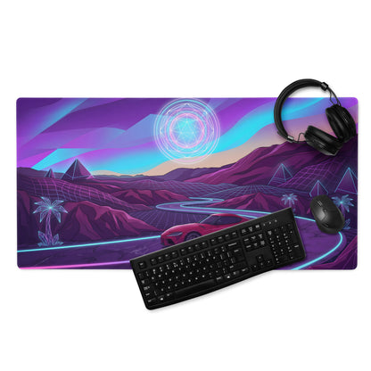 Toyota GR Supra A90 Inspired Red Purple Vaporwave Gaming Mouse Pad, Neon Futuristic JDM Desk Mat with Synthwave Mountain Road Sports Car Art